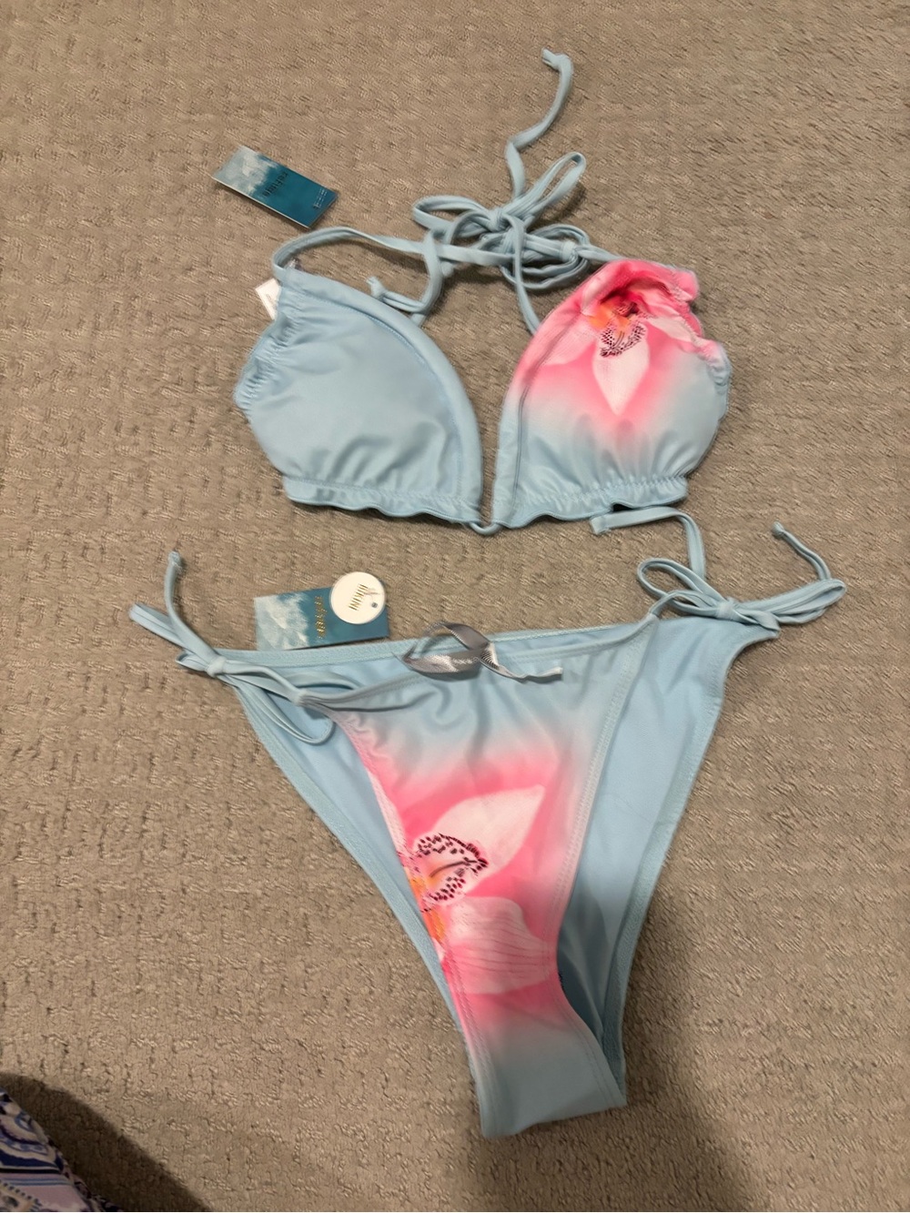 Light Blue Tie-Side Bikini with Pink Floral Accent